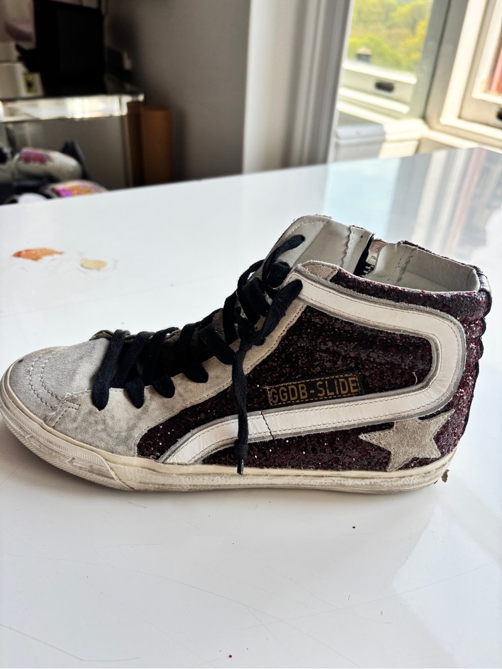 Golden Goose GGDB-SLIDE High-Top Sneaker in Burgundy Glitter and White - Picture 1 of 5